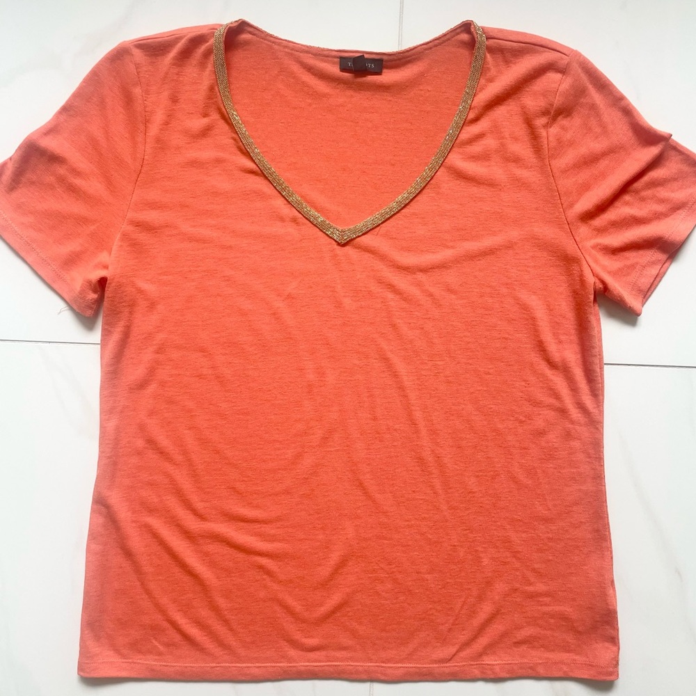 Talbots Light Orange with Gold Metallic V-Neck Women's Top